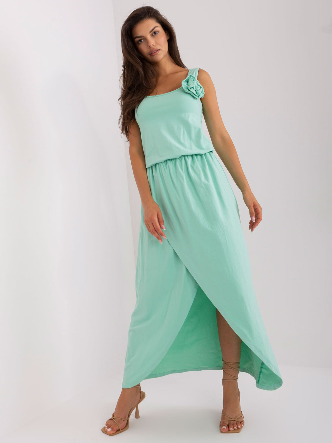 Mint everyday maxi dress with a flower.