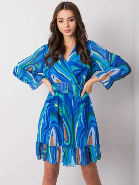 Blue patterned dress with a Kerley belt.