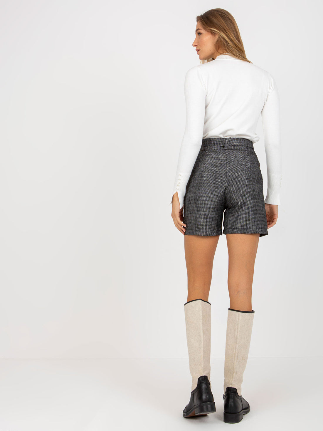 Dark grey women's elegant shorts with a belt.