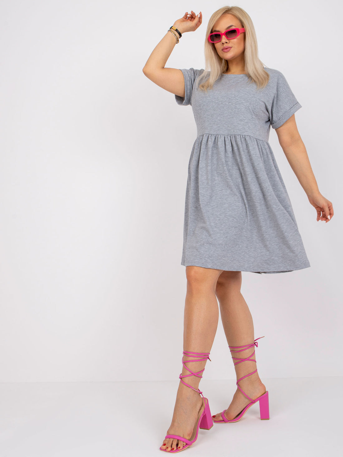 Grey plus size dress with short Molly sleeves.