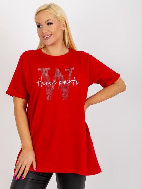 Red long blouse plus size with lettering.